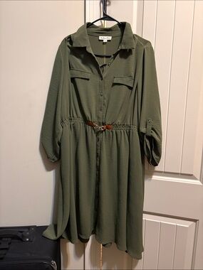 Olive Green Button-Front Long Sleeve Shirt Dress with Belt